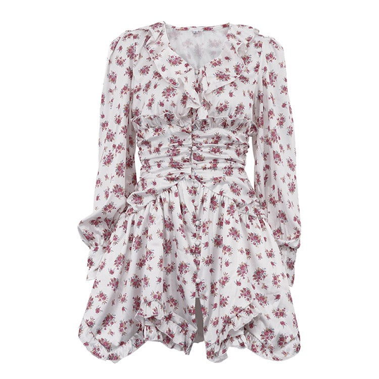 Floral satin mini dress with tiered ruffles – Yahli