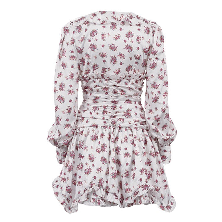 Floral satin mini dress with tiered ruffles – Yahli