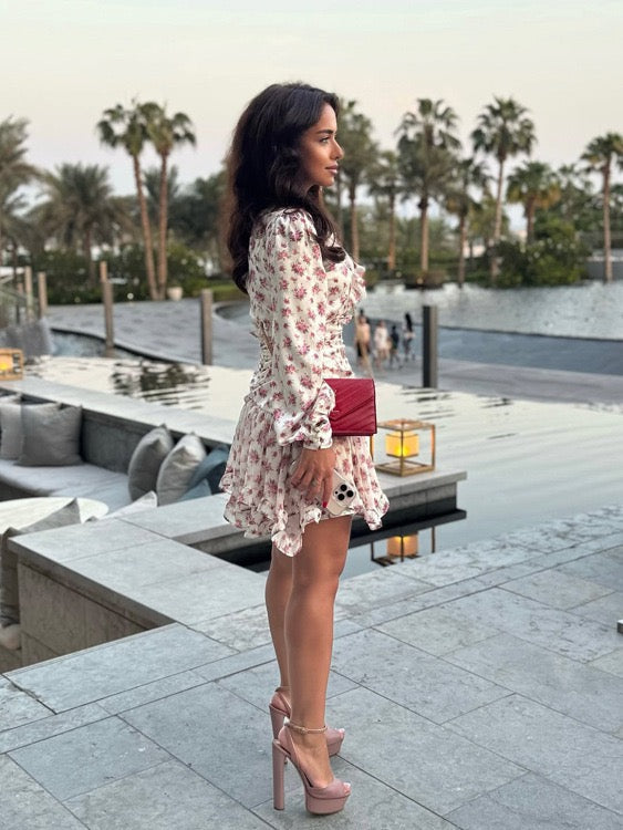 Floral satin mini dress with tiered ruffles – Yahli