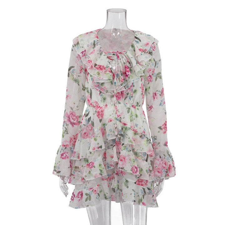 Floral chiffon ruffled mini dress with tiered ruffles – Alona