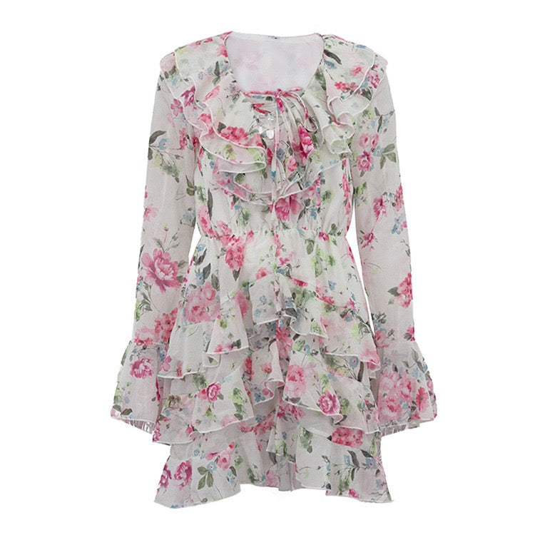 Floral chiffon ruffled mini dress with tiered ruffles – Alona