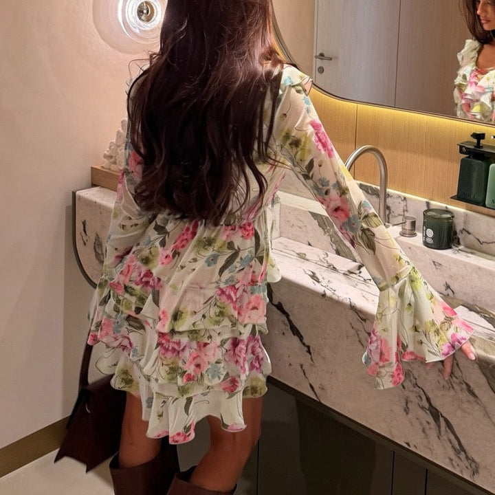 Floral chiffon ruffled mini dress with tiered ruffles – Alona