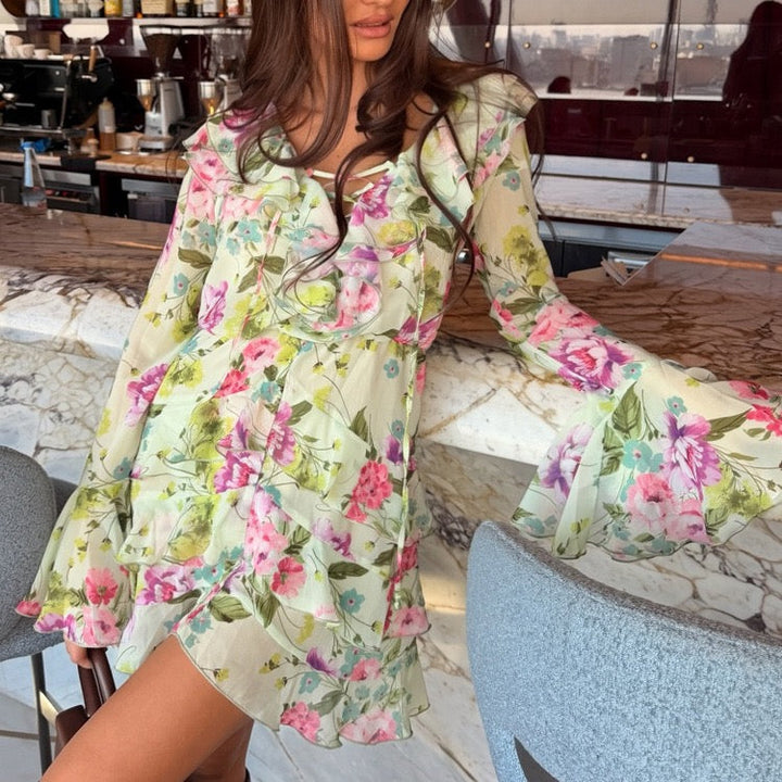 Floral chiffon ruffled mini dress with tiered ruffles – Alona