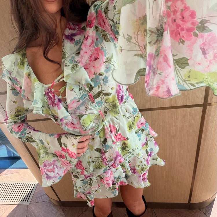 Floral chiffon ruffled mini dress with tiered ruffles – Alona