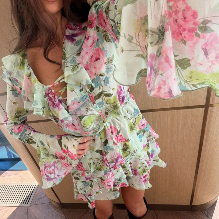 Floral chiffon ruffled mini dress with tiered ruffles – Alona