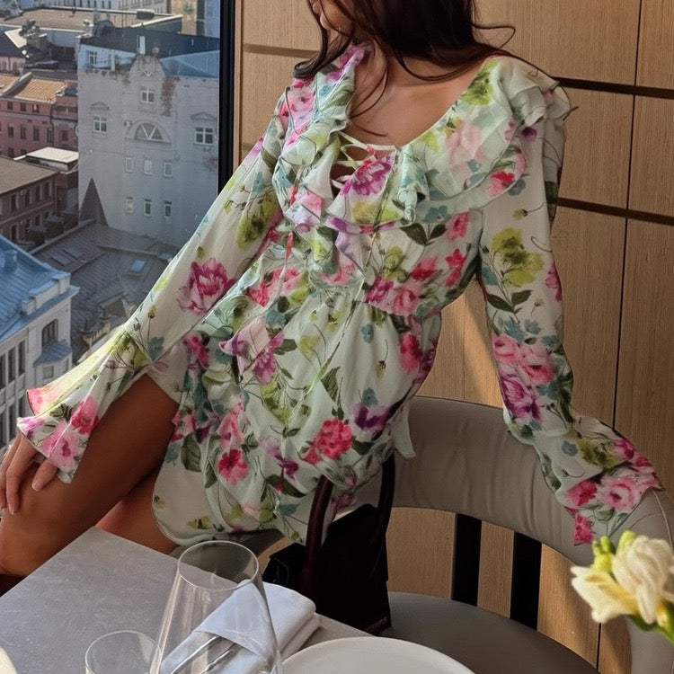 Floral chiffon ruffled mini dress with tiered ruffles – Alona