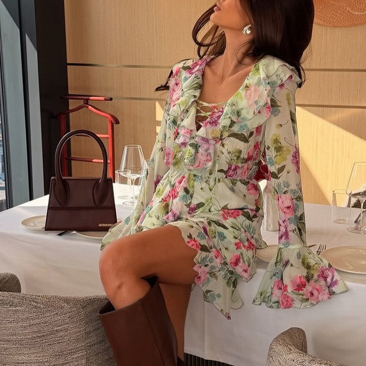 Floral chiffon ruffled mini dress with tiered ruffles – Alona