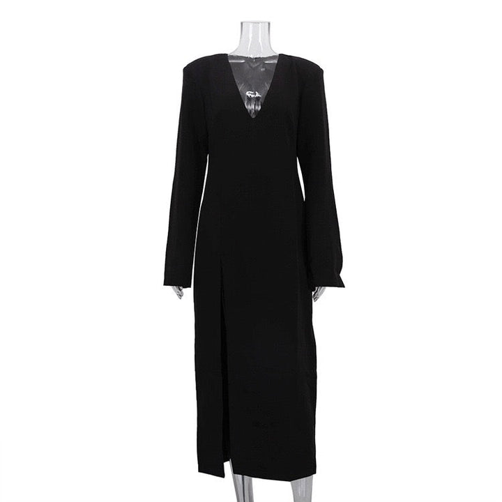 Fitted Maxi Dress with Deep V-Neck Slit Design - Amberled