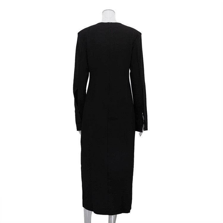 Fitted Maxi Dress with Deep V-Neck Slit Design - Amberled