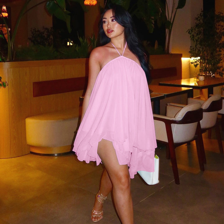 Havana tiered ruffle chiffon mini dress with a neck tie and open back