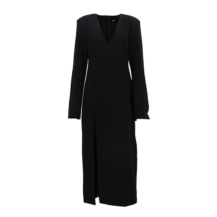 Fitted Maxi Dress with Deep V-Neck Slit Design - Amberled
