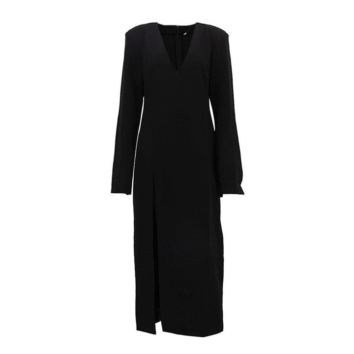 Fitted Maxi Dress with Deep V-Neck Slit Design - Amberled