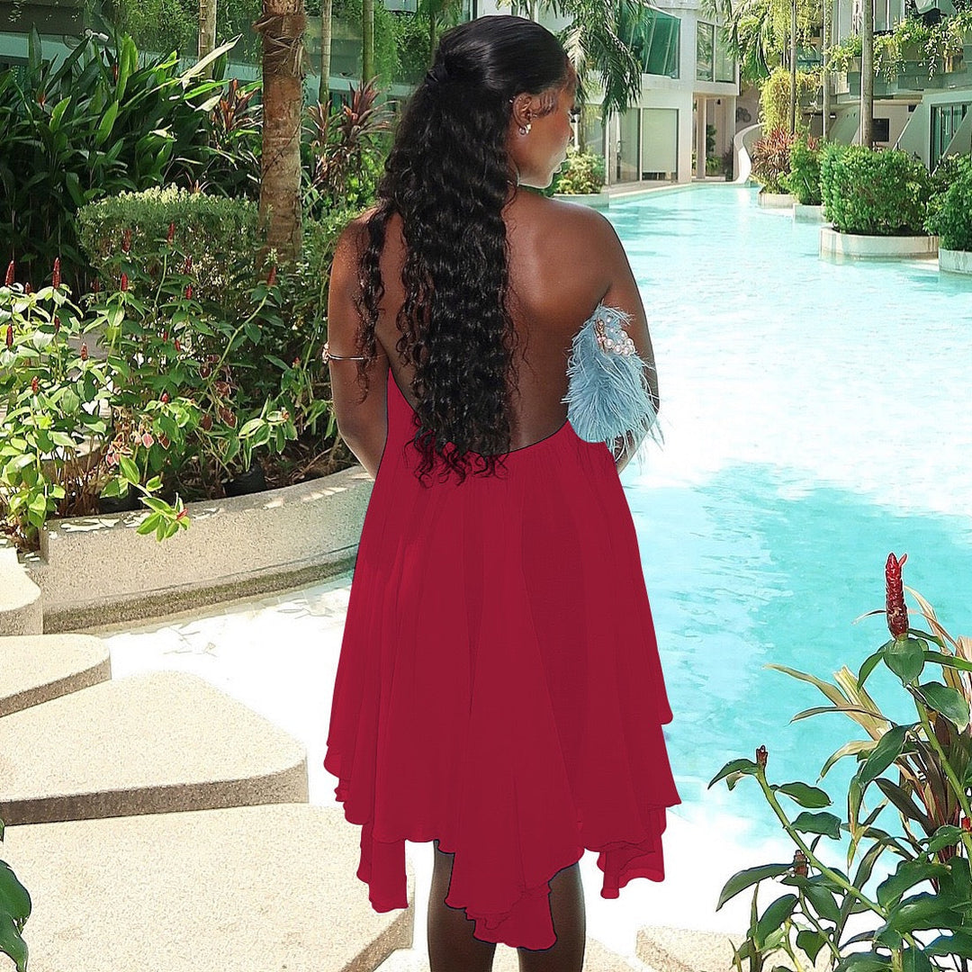 Havana tiered ruffle chiffon mini dress with a neck tie and open back