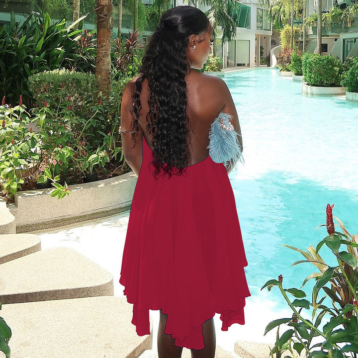 Havana tiered ruffle chiffon mini dress with a neck tie and open back