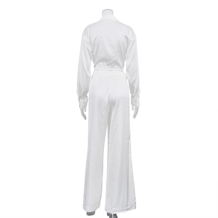 Two-piece satin suit with tie top and long pants – Ava