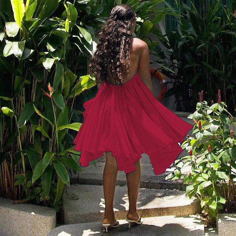 Havana tiered ruffle chiffon mini dress with a neck tie and open back