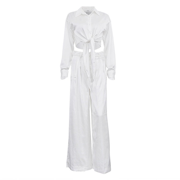 Two-piece satin suit with tie top and long pants – Ava