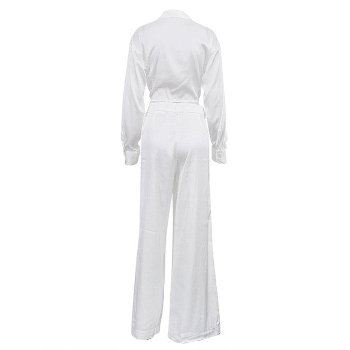 Two-piece satin suit with tie top and long pants – Ava