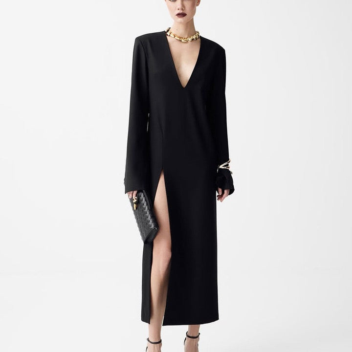 Fitted Maxi Dress with Deep V-Neck Slit Design - Amberled