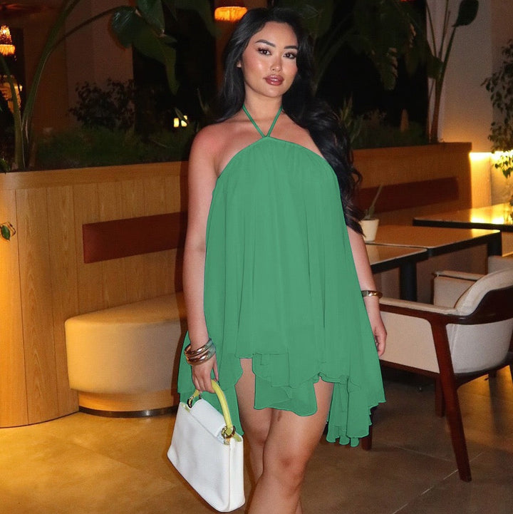 Havana tiered ruffle chiffon mini dress with a neck tie and open back