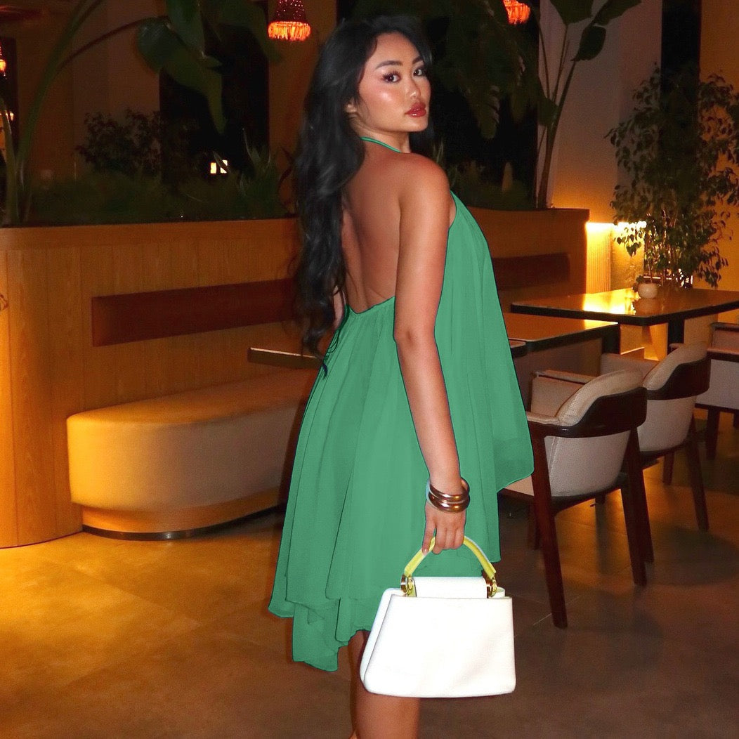 Havana tiered ruffle chiffon mini dress with a neck tie and open back