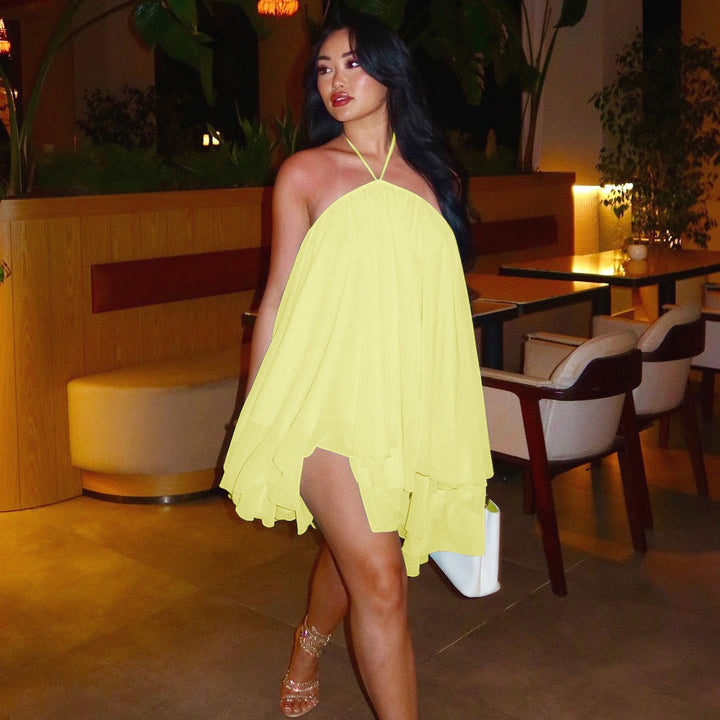 Havana tiered ruffle chiffon mini dress with a neck tie and open back
