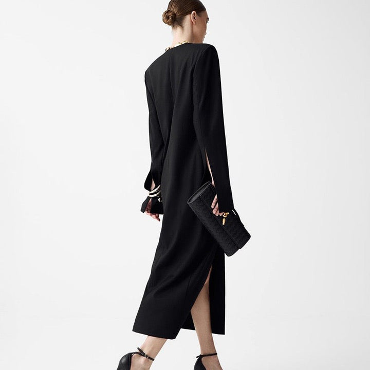 Fitted Maxi Dress with Deep V-Neck Slit Design - Amberled