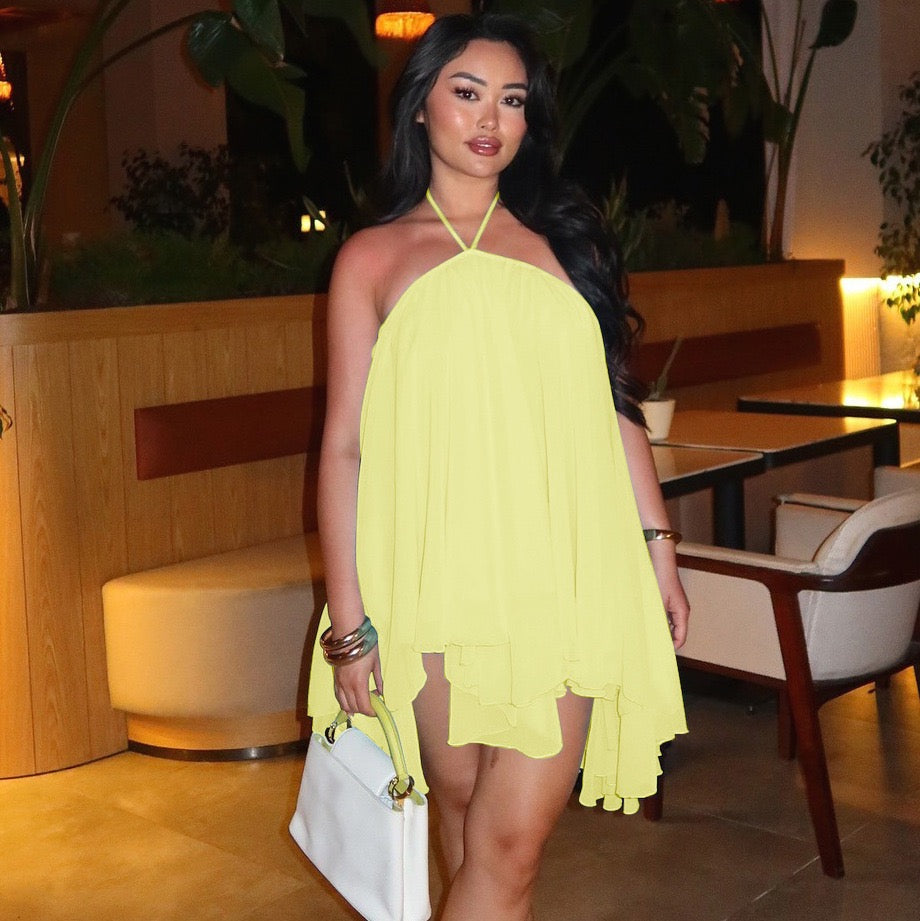 Havana tiered ruffle chiffon mini dress with a neck tie and open back
