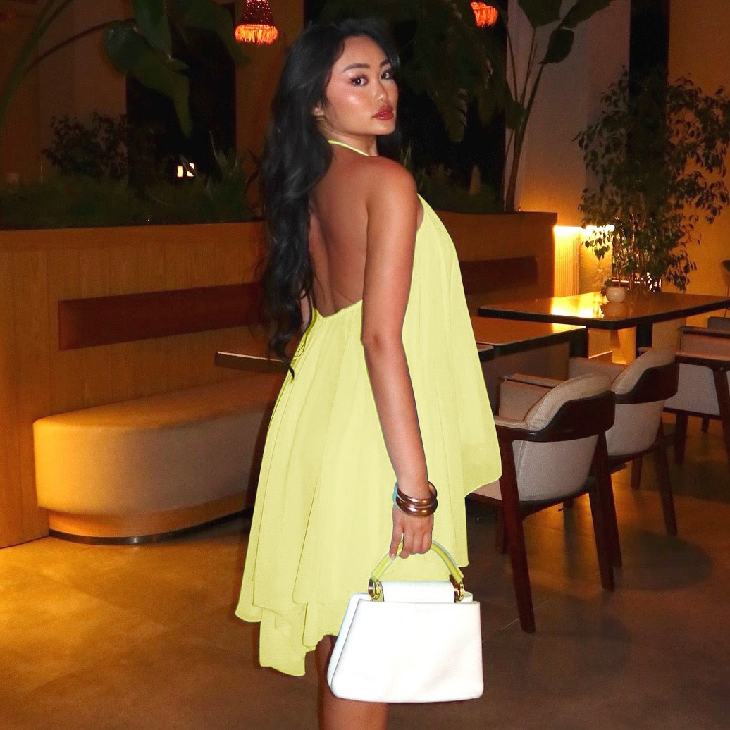 Havana tiered ruffle chiffon mini dress with a neck tie and open back