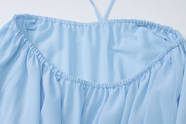Havana tiered ruffle chiffon mini dress with a neck tie and open back