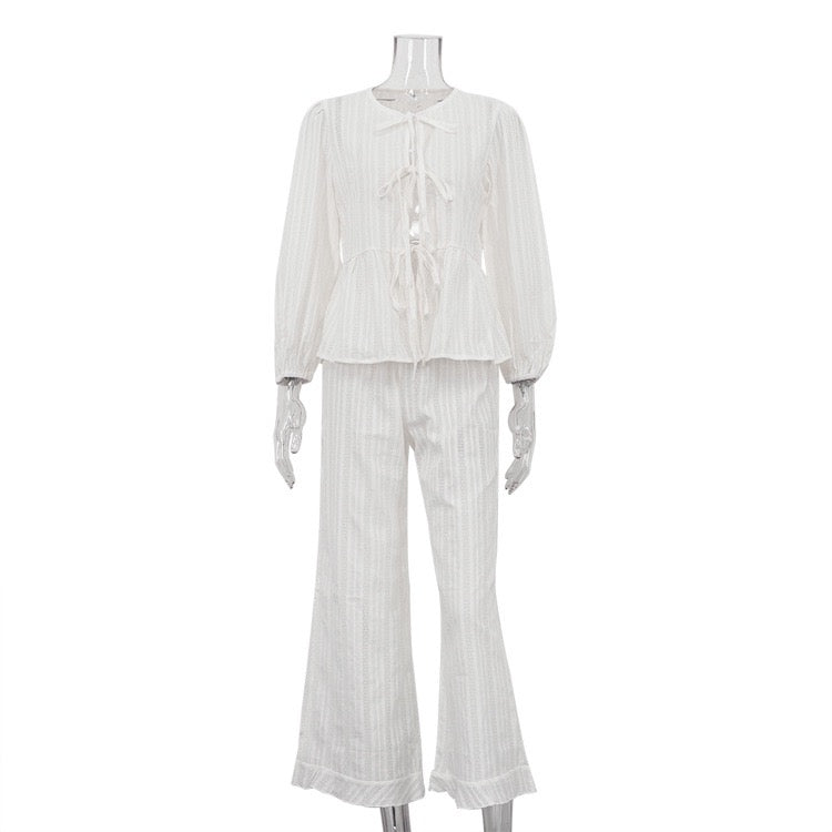 Two-piece chiffon suit with tie top and long pants – Neta Li