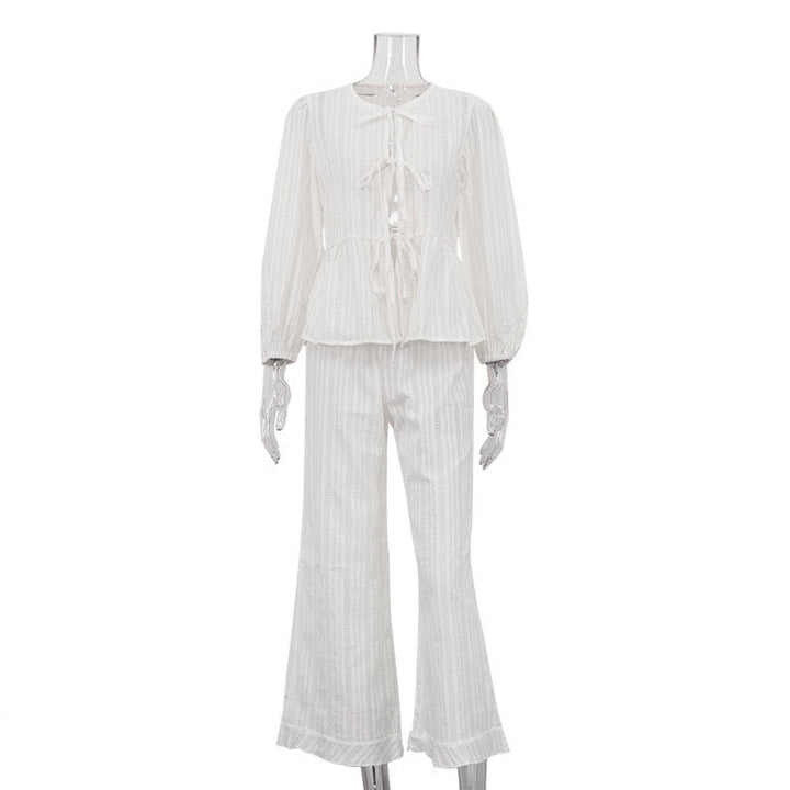 Two-piece chiffon suit with tie top and long pants – Neta Li