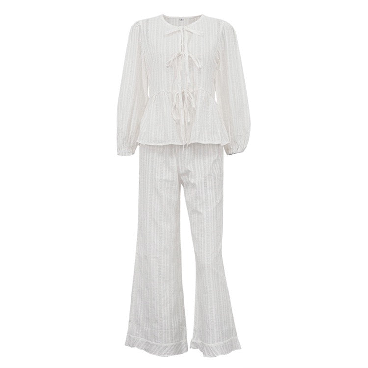 Two-piece chiffon suit with tie top and long pants – Neta Li