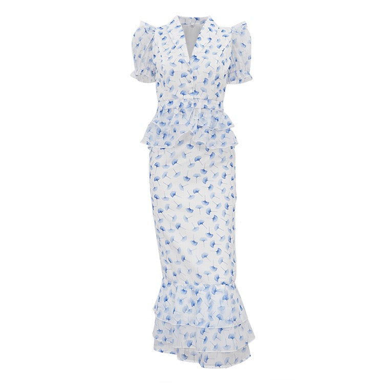 Two-piece floral chiffon set with maxi skirt and button-up top – GALIYA