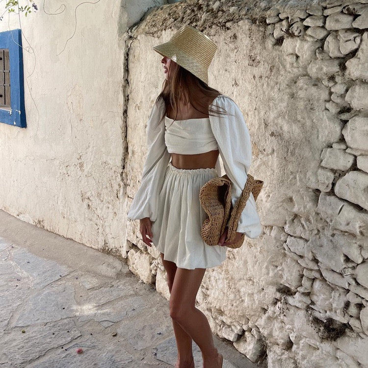 Two-piece set with mini skirt and back-tie top – Penelope