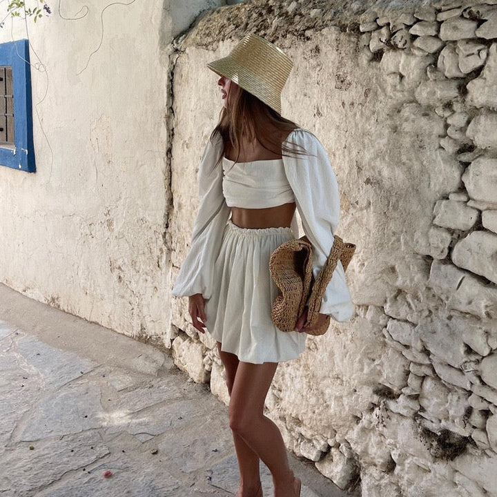 Two-piece set with mini skirt and back-tie top – Penelope