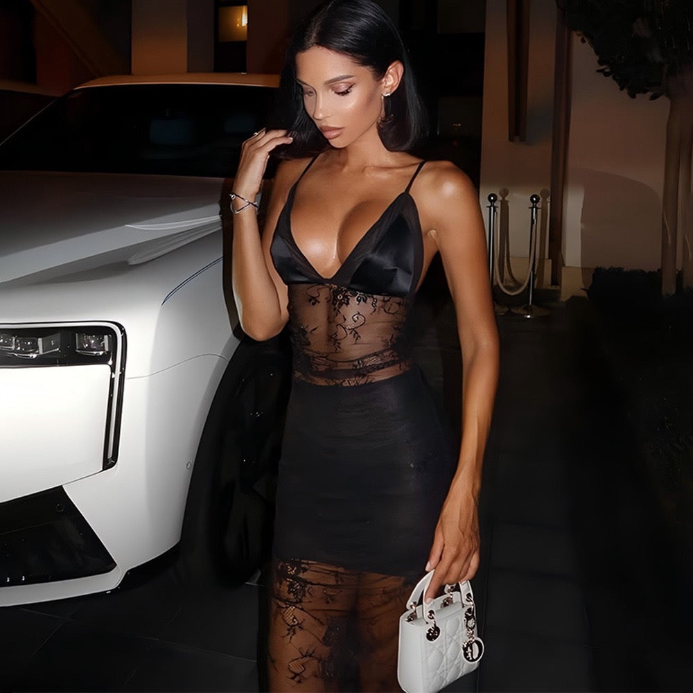 Midi lace dress with satin design - Doria