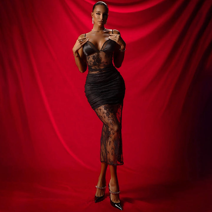 Midi lace dress with satin design - Doria