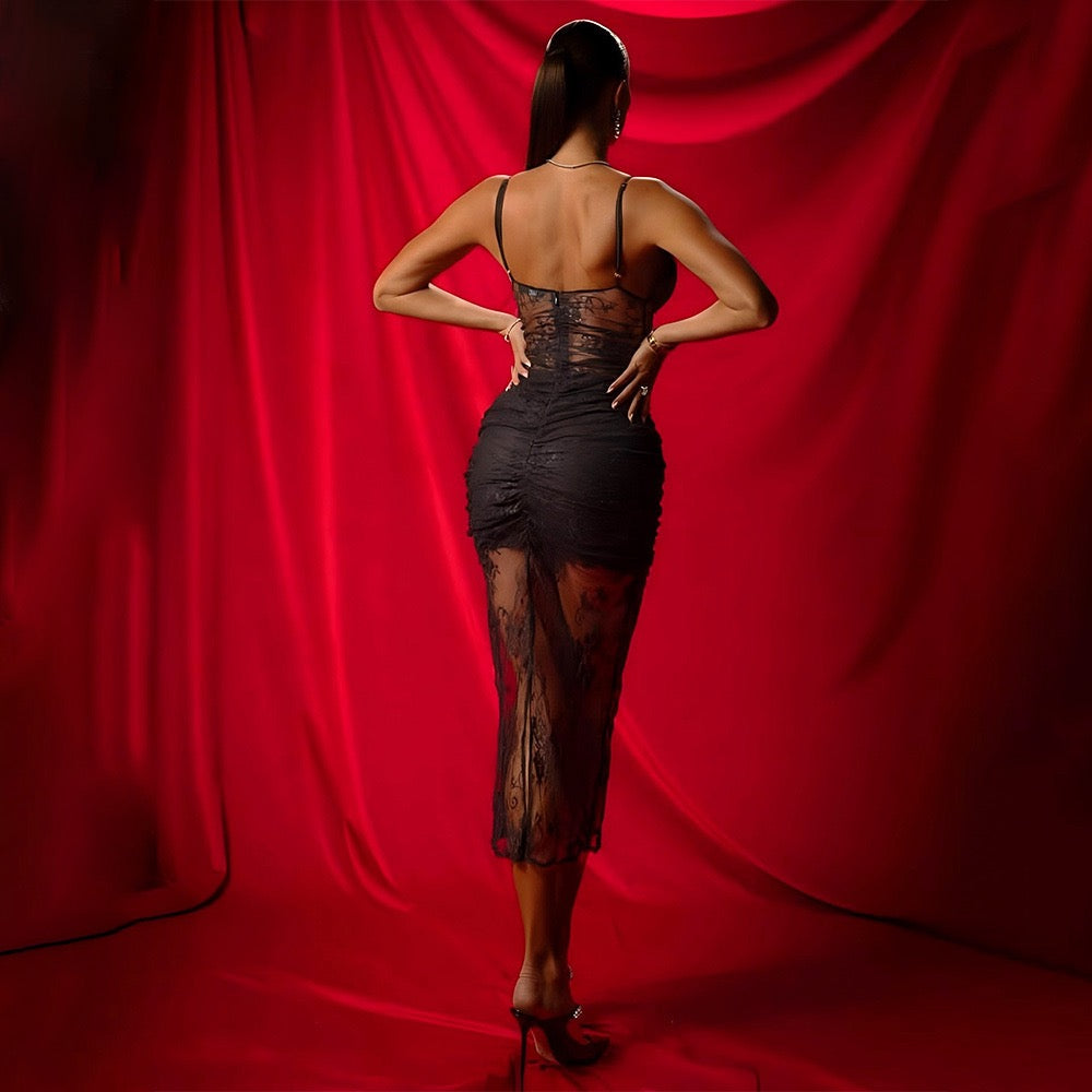 Midi lace dress with satin design - Doria