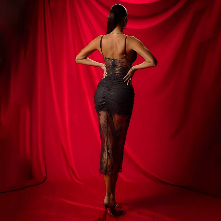 Midi lace dress with satin design - Doria