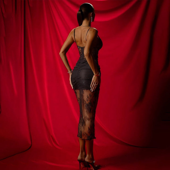 Midi lace dress with satin design - Doria