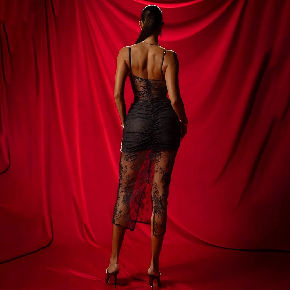 Midi lace dress with satin design - Doria