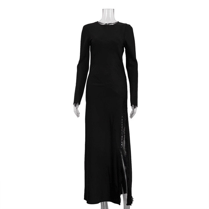 Satin Maxi Dress with Slit and Lace Decoration - Lennon