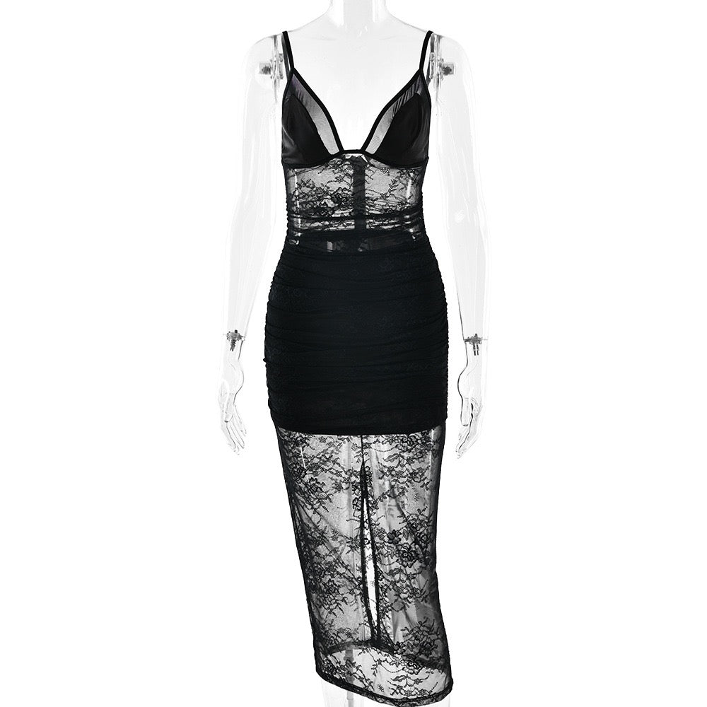 Midi lace dress with satin design - Doria