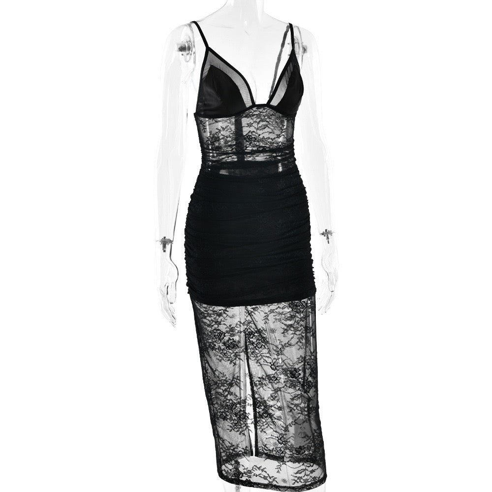 Midi lace dress with satin design - Doria