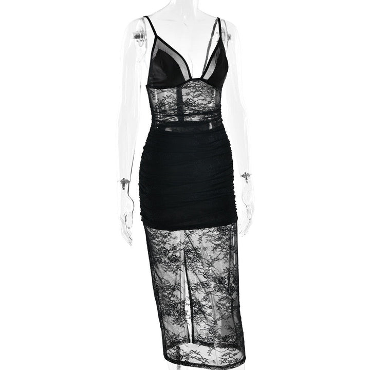 Midi lace dress with satin design - Doria