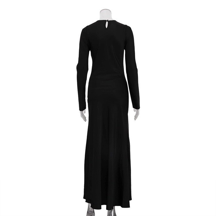 Satin Maxi Dress with Slit and Lace Decoration - Lennon
