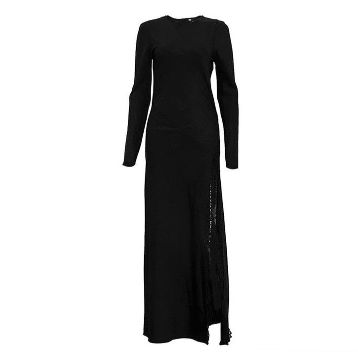 Satin Maxi Dress with Slit and Lace Decoration - Lennon