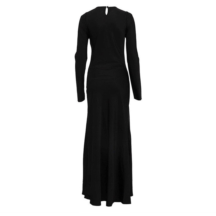 Satin Maxi Dress with Slit and Lace Decoration - Lennon