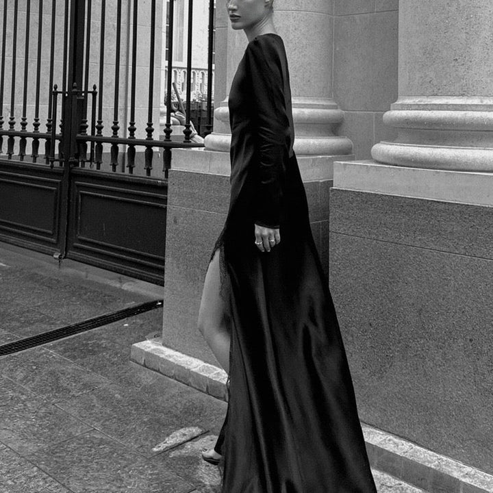 Satin Maxi Dress with Slit and Lace Decoration - Lennon